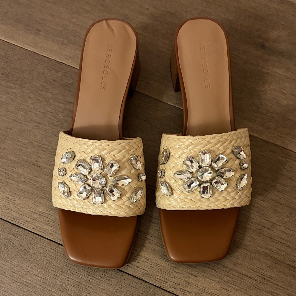 AEROSOLES Women's Cream and Brown Mules with Crystal Accents